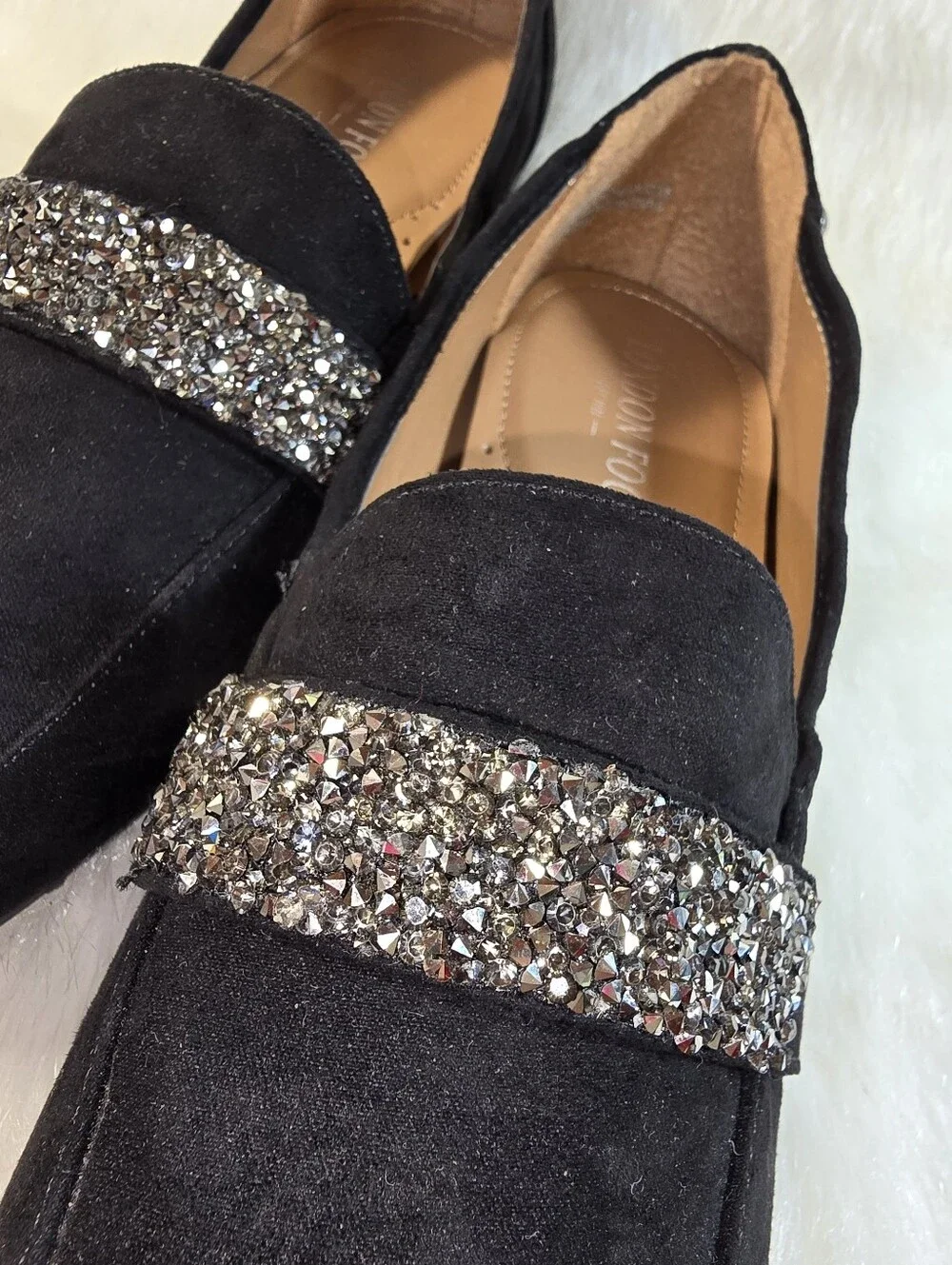 Women's London Fog Alexus Black Suede Loafers with Crystal Strap